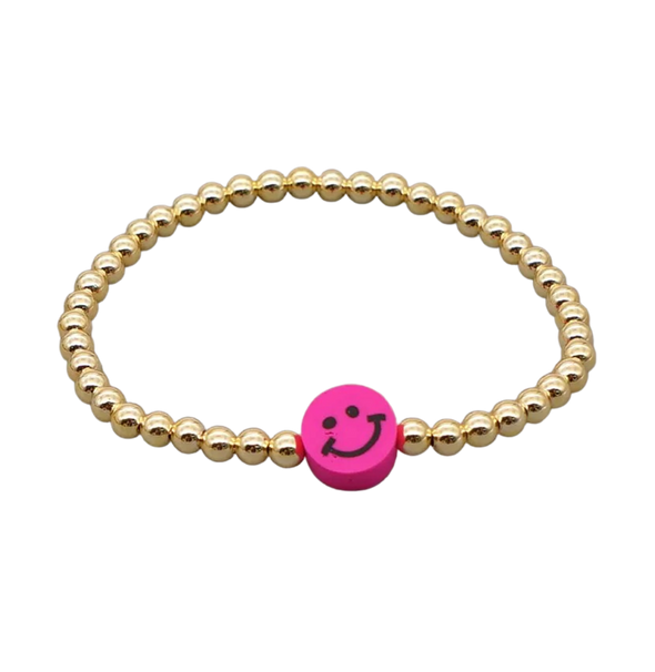 Hot Pink Smiley Gold Beaded Bracelet
